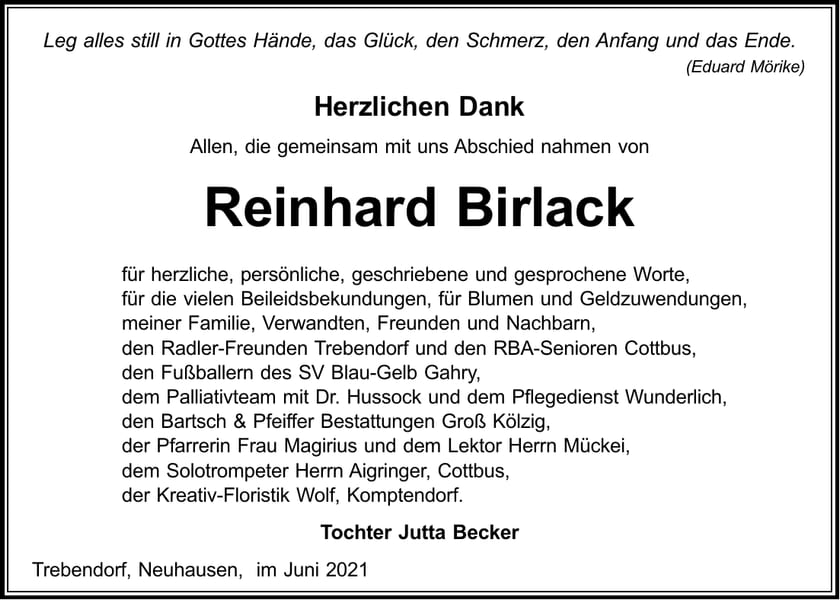 Danksagung Reinhard Birlack