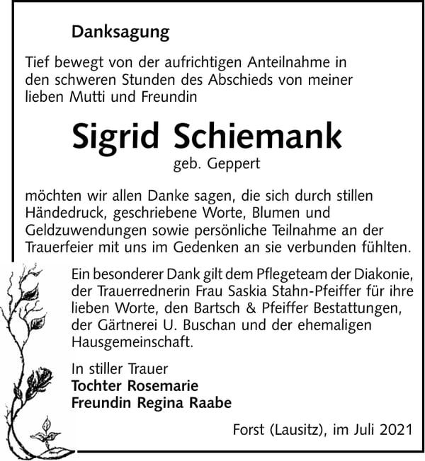 Danksagung Sigrid Schiemank, geb. Geppert