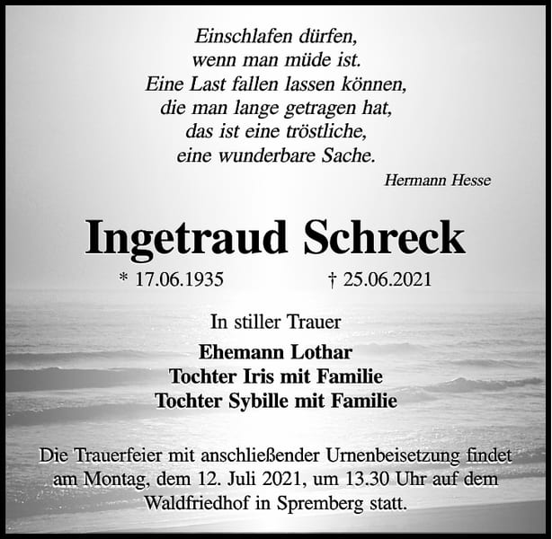Traueranzeige Ingetraud Schreck