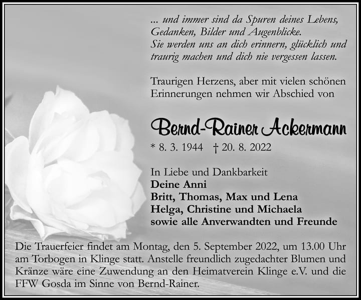 Traueranzeige Bernd-Rainer Ackermann