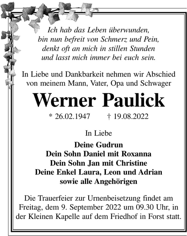 Traueranzeige Werner Paulick