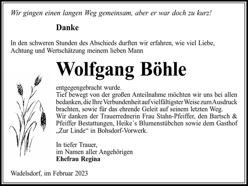Danksagung Wolfgang Böhle