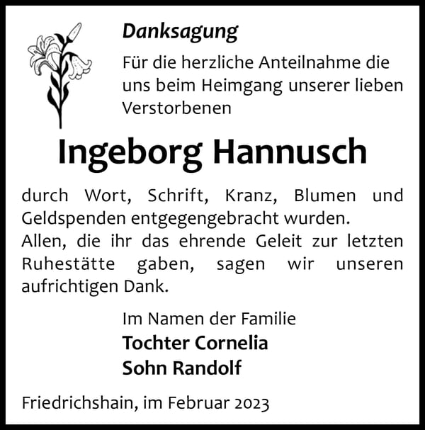 Danksagung Ingeborg Hannusch