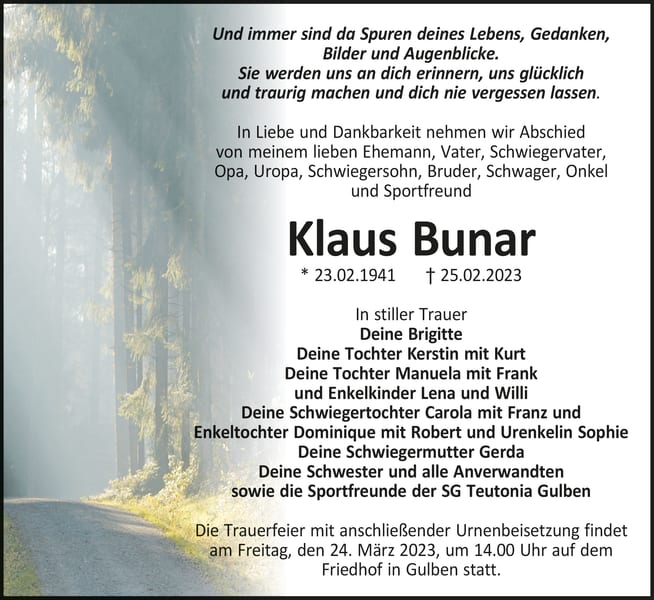 Traueranzeige Klaus Bunar