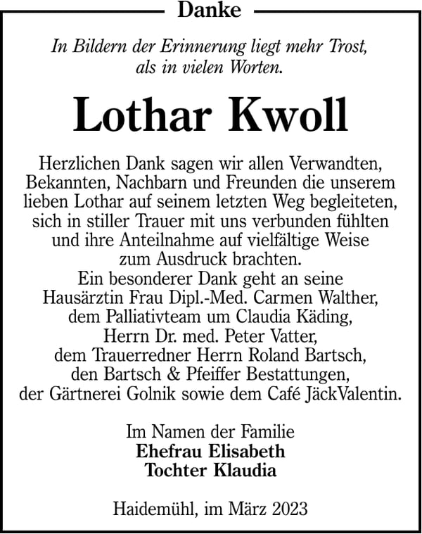 Danksagung Lothar Kwoll