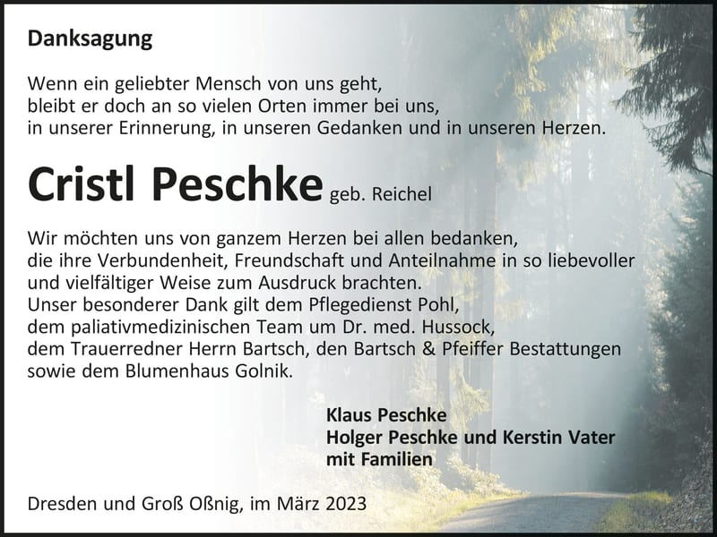 Danksagung Cristl Peschke, geb. Reichel
