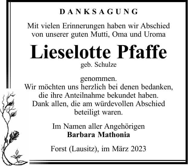 Danksagung Lieselotte Pfaffe, geb. Schulze