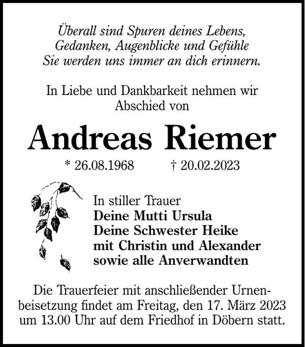 Traueranzeige Andreas Riemer