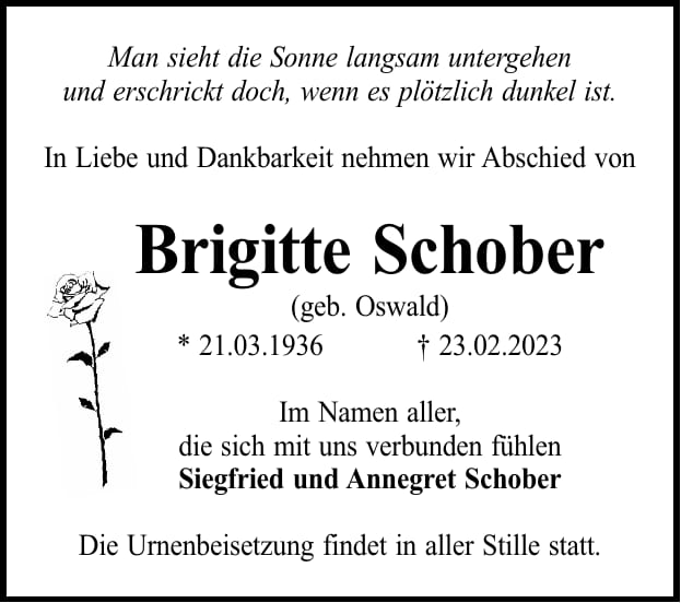 Traueranzeige Brigitte Schober, geb. Oswald