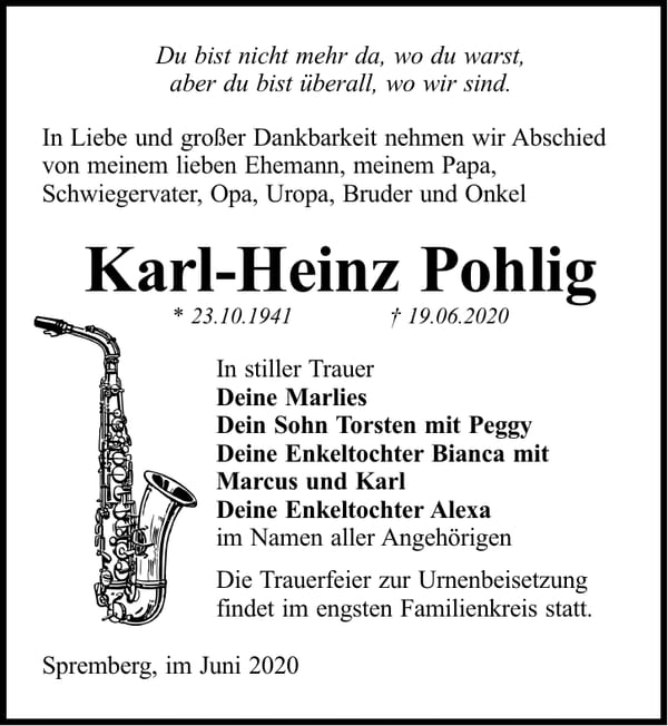 Traueranzeige Karl-Heinz Pohlig
