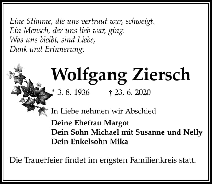 Traueranzeige Wolfgang Ziersch