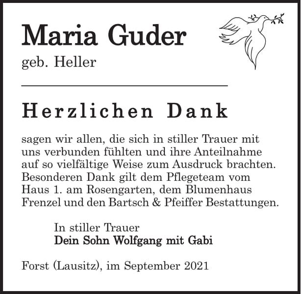 Danksagung Maria Guder, geb. Heller