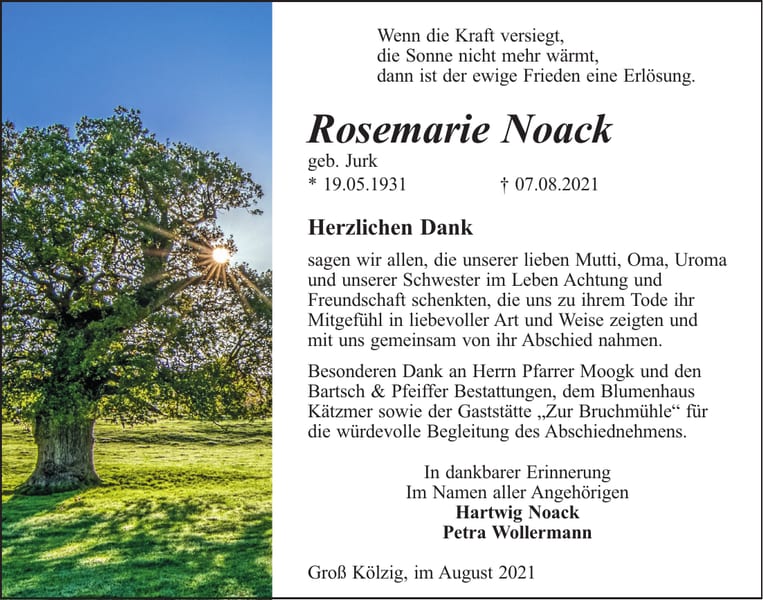 Danksagung Rosemarie Noack, geb. Jurk