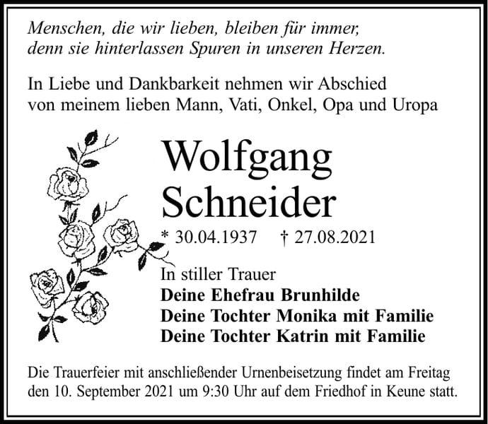 Traueranzeige Wolfgang Schneider