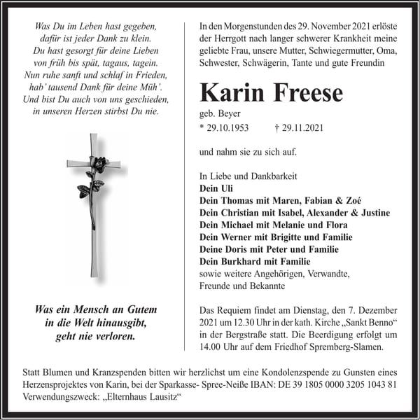 Traueranzeige Karin Freese, geb. Beyer