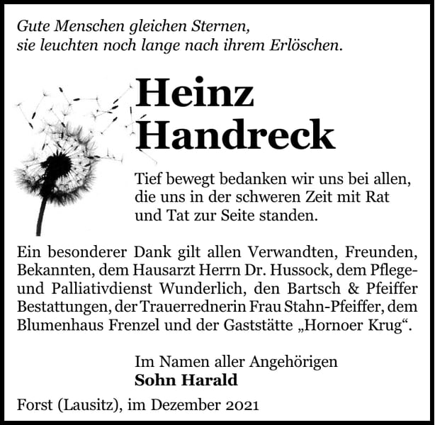 Danksagung Heinz Handreck