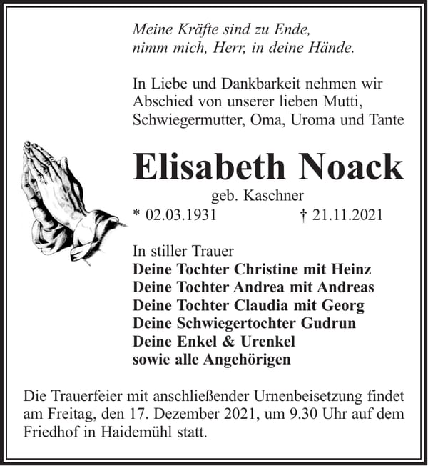 Traueranzeige Elisabeth Noack, geb. Kaschner