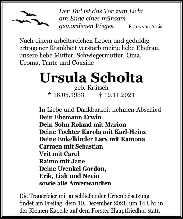 Traueranzeige Ursula Scholta, geb. Krätsch