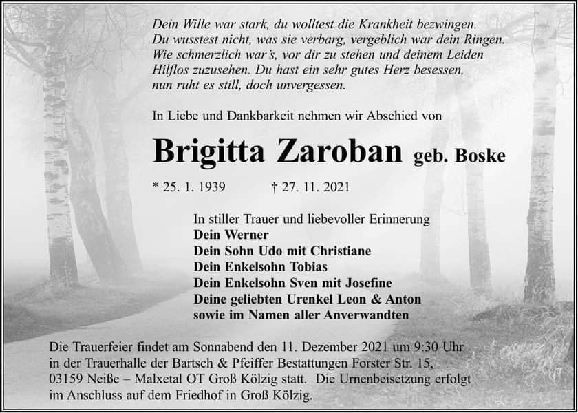 Traueranzeige Brigitta Zaroban, geb. Boske