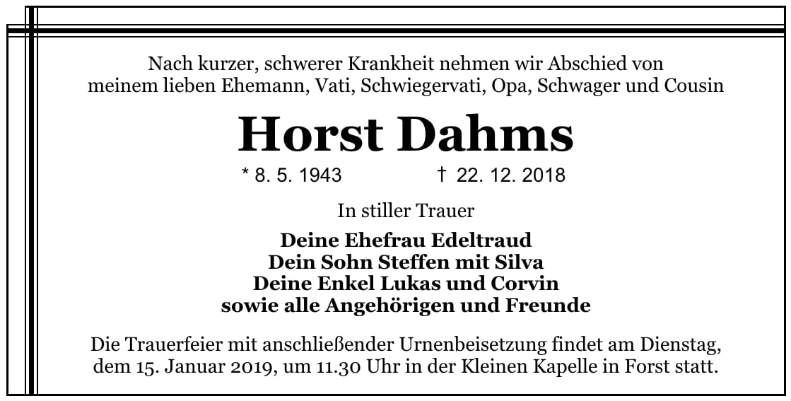 Traueranzeige Horst Dahms