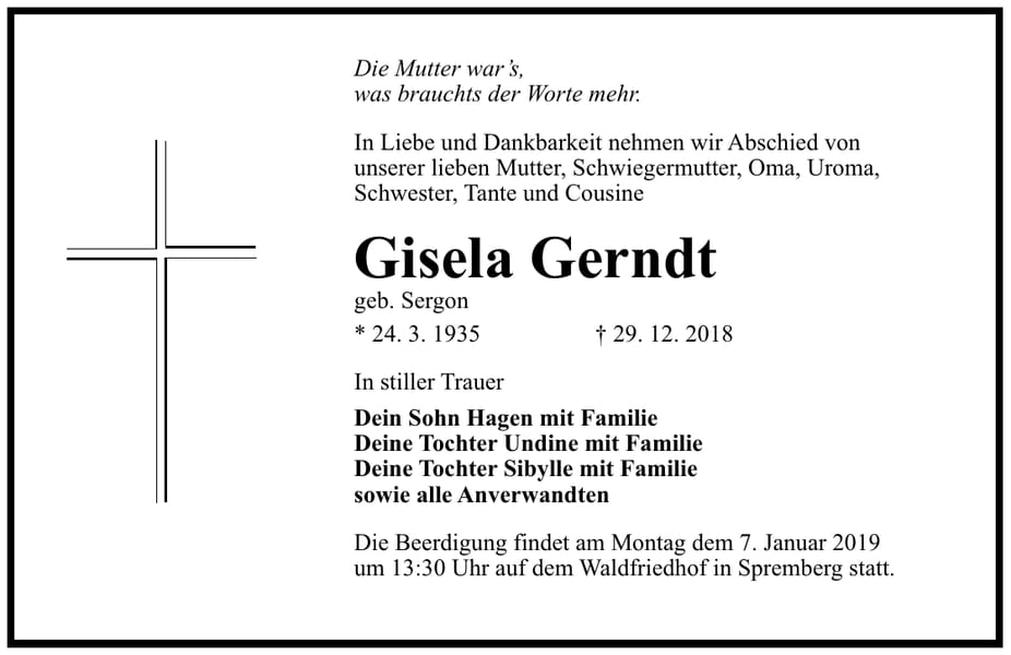 Traueranzeige Gisela Gerndt, geb. Sergon