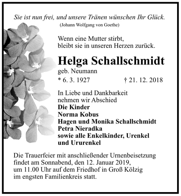 Traueranzeige Helga Schallschmidt, geb. Neumann