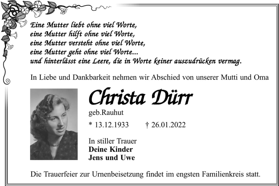 Traueranzeige Christa Dürr, geb. Rauhut