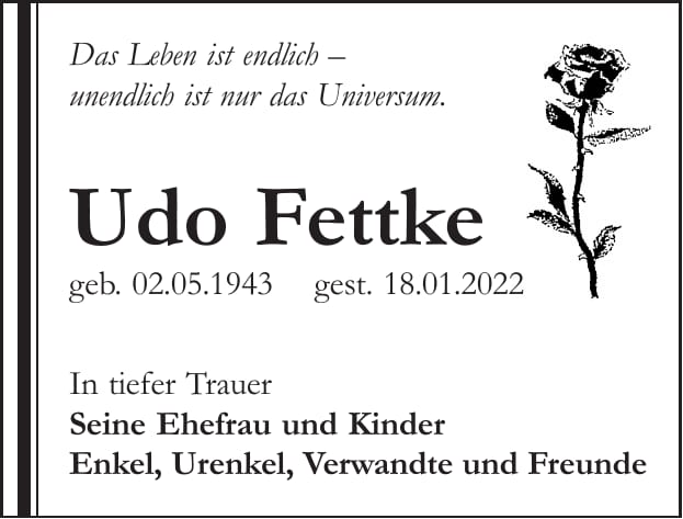 Traueranzeige Udo Fettke