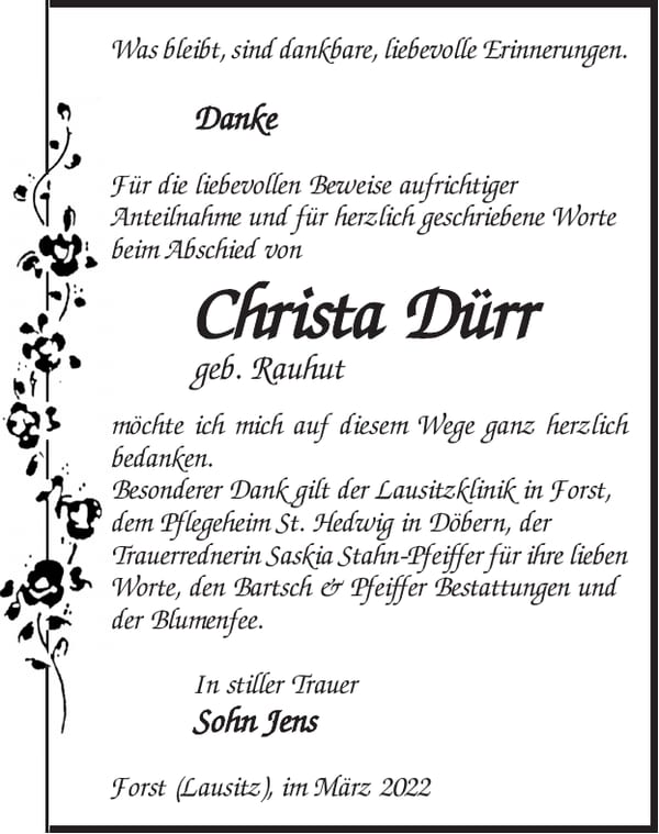 Danksagung Christa Dürr, geb. Rauhut