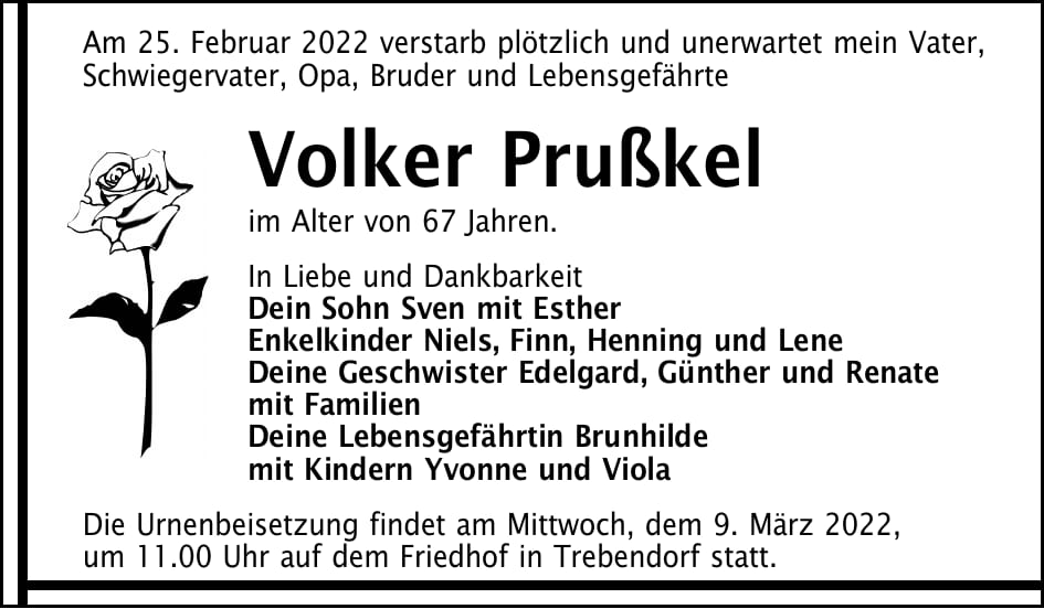 Traueranzeige Volker Prußkel