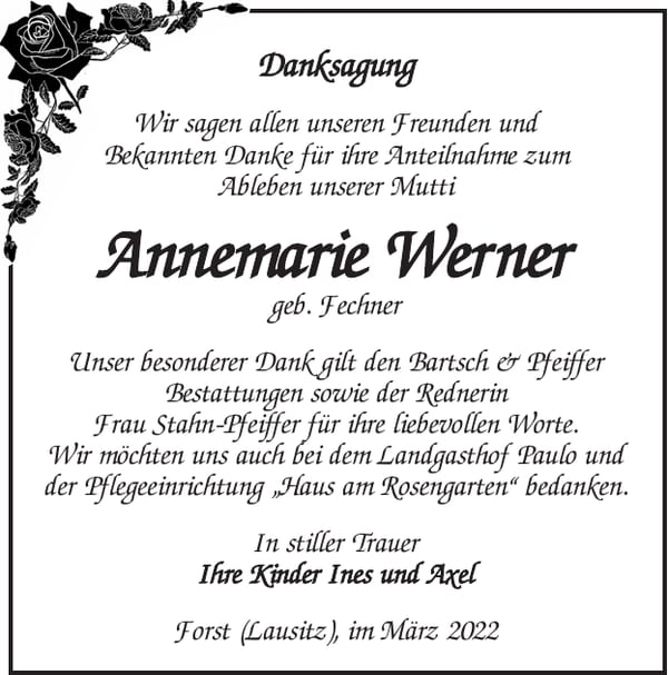 Danksagung Annemarie Werner, geb. Fechner