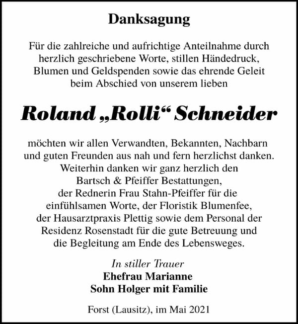 Traueranzeige Roland „Rolli“ Schneider