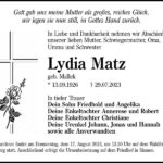 Traueranzeige Lydia Matz, geb. Mallek