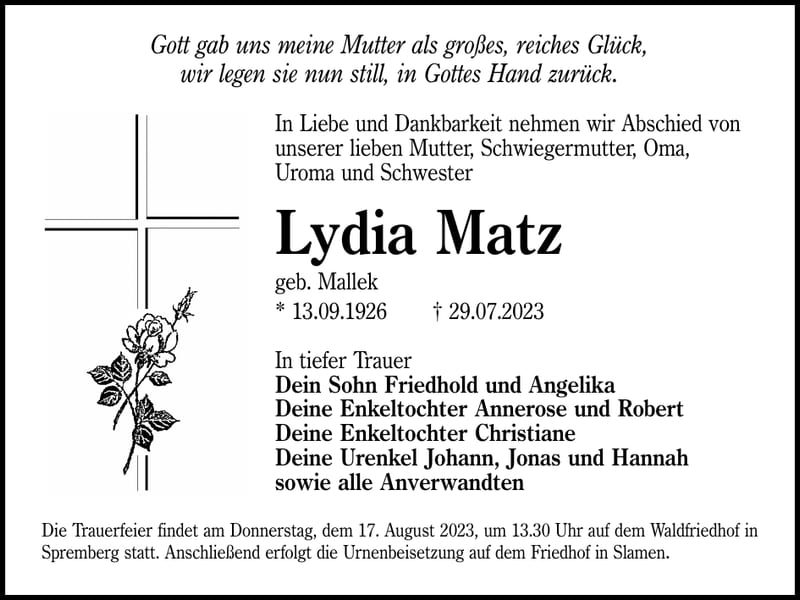 Traueranzeige Lydia Matz, geb. Mallek