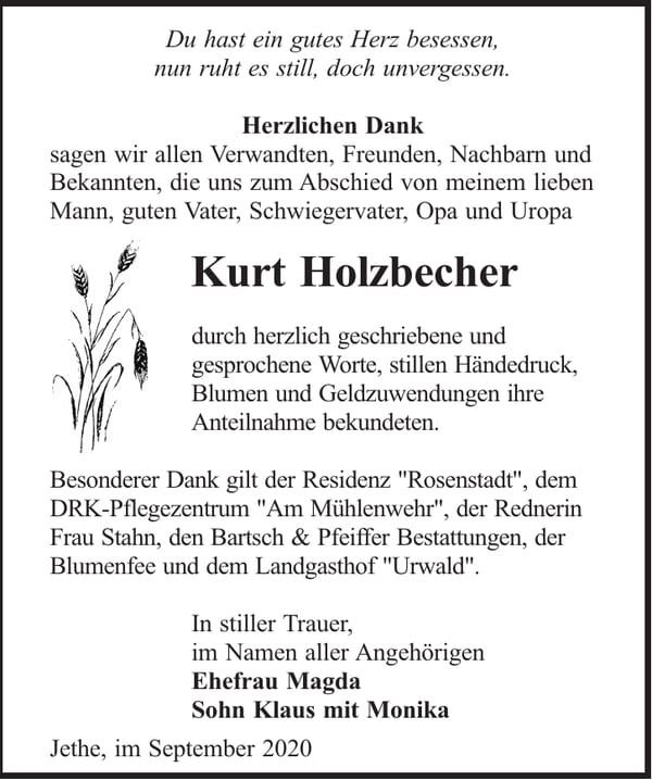 Danksagung Kurt Holzbecher