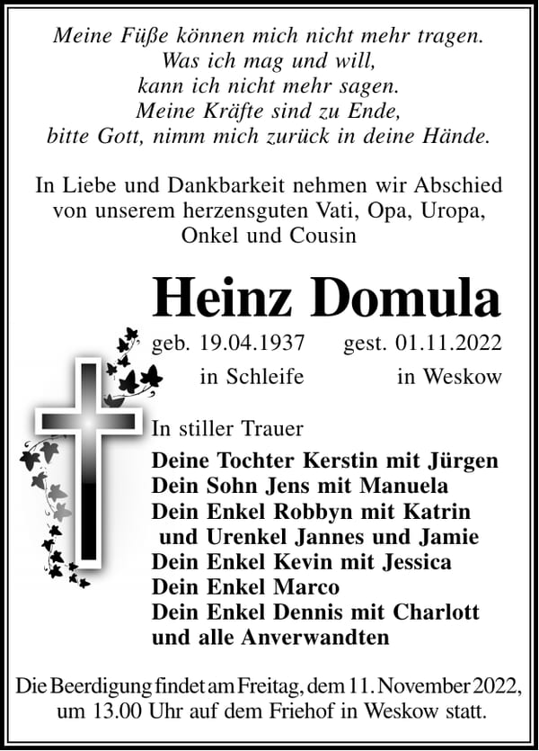 Traueranzeige Heinz Domula
