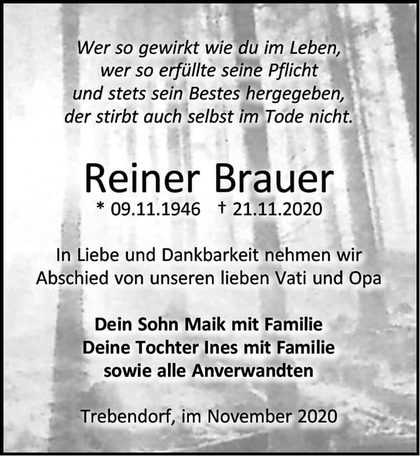 Traueranzeige Reiner Brauer