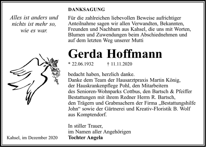 Danksagung Gerda Hoffmann