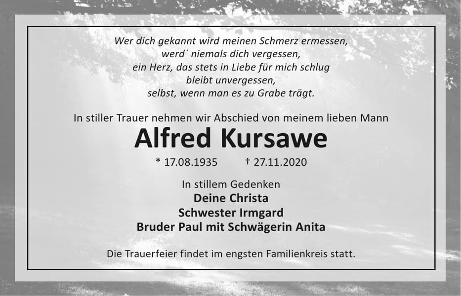 Traueranzeige Alfred Kursawe
