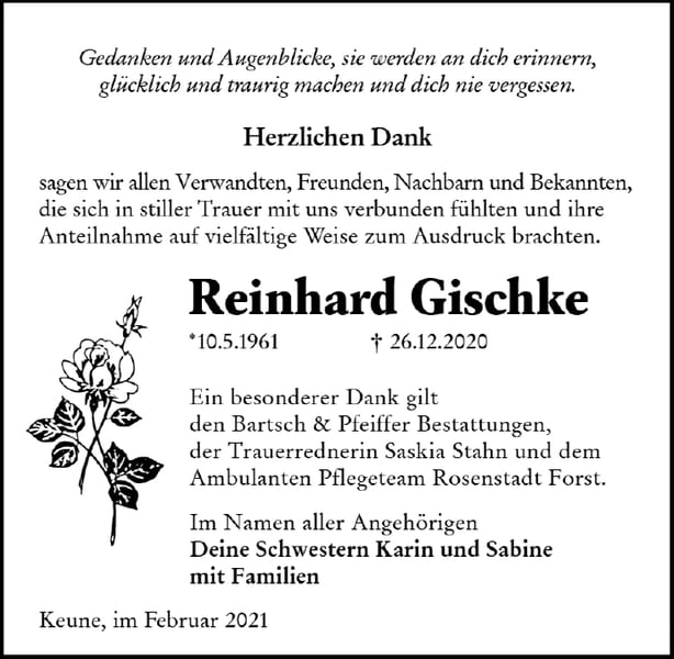 Danksagung Reinhard Gischke
