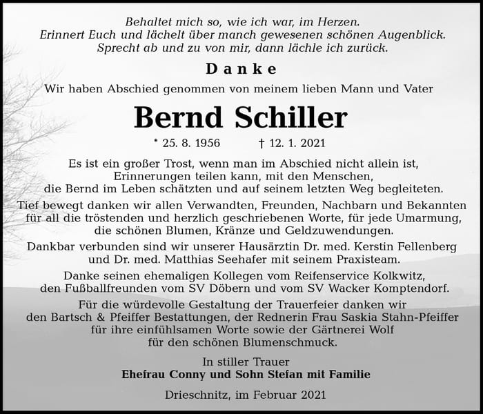 Danksagung Bernd Schiller