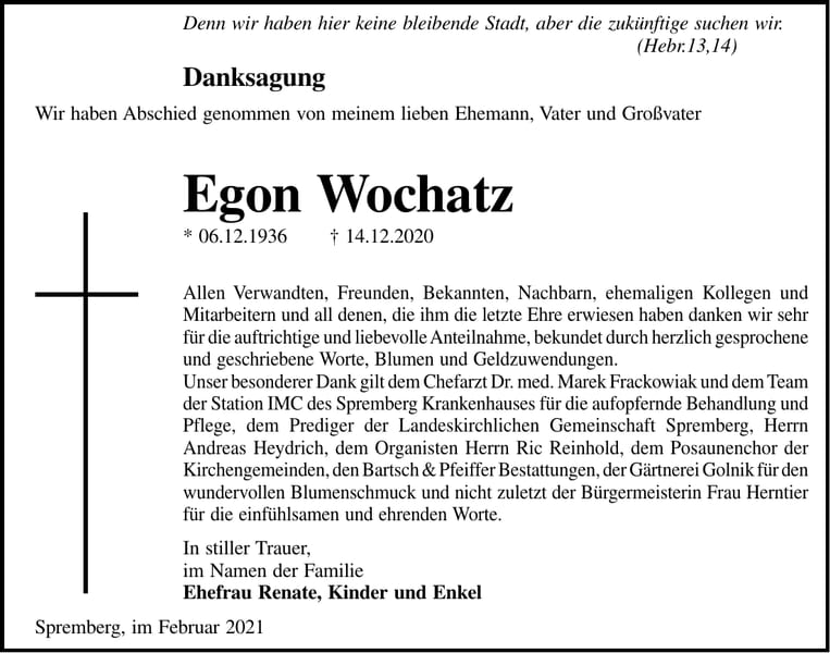 Danksagung Egon Wochatz
