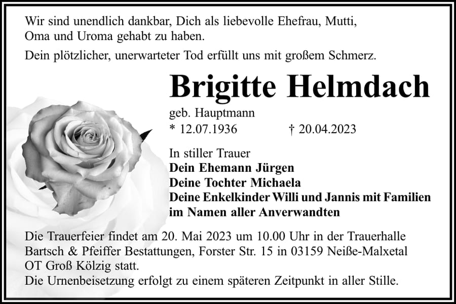 Traueranzeige Brigitte Helmdach, geb. Hauptmann