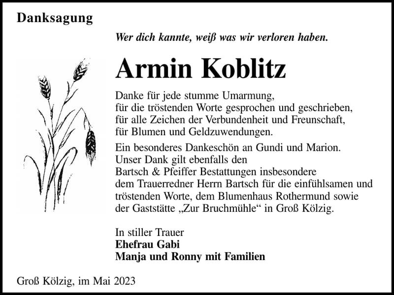 Danksagung Armin Koblitz
