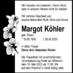 Traueranzeige Margot Köhler, geb. Raetz