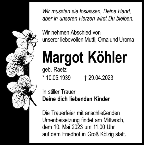 Traueranzeige Margot Köhler, geb. Raetz