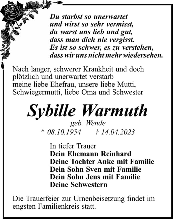 Traueranzeige Sybille Warmuth, geb. Wende