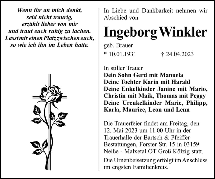 Traueranzeige Ingeborg Winkler, geb. Brauer