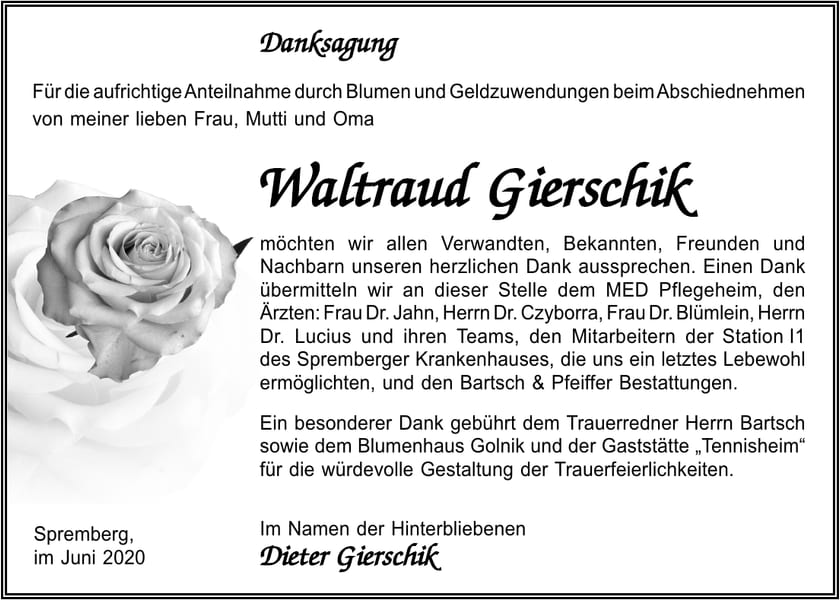 Danksagung Waltraud Gierschik