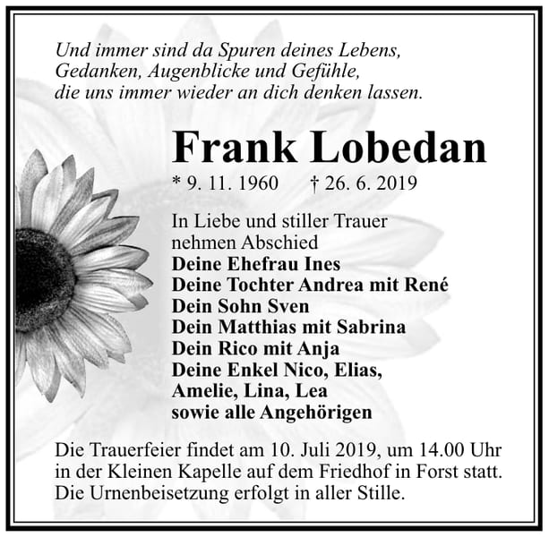 Traueranzeige Frank Lobedan